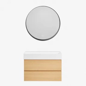 Zestaw Wiszących Mebli Łazienkowych Z Drewna I Forniru Jesionowego Zintegrowany Z Umywalką Ona Naturalna & Okrągła - Sklum