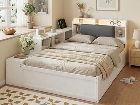 Łóżko skrzyniowe 120x200cm - z LED i stacją ładowania - zagłówek tapicerowany - otwarte półki do przechowywania - Biały (bez materaca)