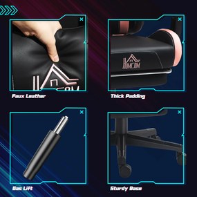 HOMCOM Fotel gamingowy z uszami kota, odchylane oparcie, wysuwany podnóżek, do 120 kg, Różowy/Czarny | Aosom PL
