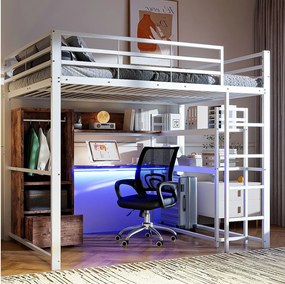 Łóżko piętrowe dla dzieci - 140 x 200 cm - z szafą + oświetlenie LED + biurko + 1 szuflada - płyta MDF + metal - białe