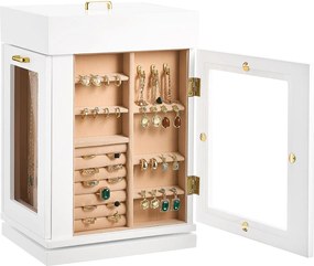 Obrotowa Pudełka na Biżuterię SucceBuy o 360°, z Magnetyczną Drzwiami, Oknie z Akrylu, 4 Zintegrowanych Haków na Naszyjniki, Rękawiczkami z Metalu, Biały