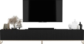Szafka RTV z 8 drzwiami – korpus czarny mat, ryflowane fronty czarny mat – 300 cm, metalowy stelaż