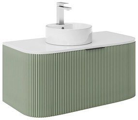 Podwieszana szafka łazienkowa prążkowana z umywalką nablatową i kranem – Matowa zieleń – 100 cm – LOMERI