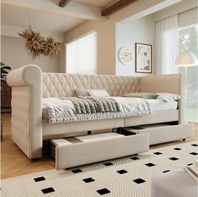 Łóżko tapicerowane 90 x 200 cm z 2 szufladami, sofa rozkładana - tkanina lniana - beż (bez materaca)