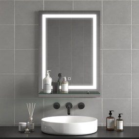 kleankin LED Lustro łazienkowe, ściemnialne, przeciwmgielne, z przełącznikiem dotykowym, półka, 50 x 70 cm, Srebrny