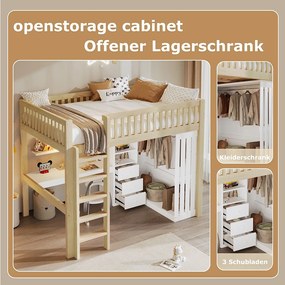 Łóżko piętrowe dla dzieci - 140 x 200 cm - z biurkiem + szafą + 3 szufladami + otwartą przestrzenią do przechowywania - drewno - naturalne