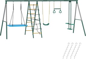 AIYAPLAY 5 w 1 huśtawka z regulowaną huśtawką typu gniazdo, kółkami gimnastycznymi, dwusiedziskiem, ścianką wspinaczkową, dla dzieci 3-8 lat, 440x175x203 cm | Aosom PL