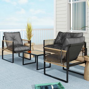 Outsunny Zestaw mebli ogrodowych, 4-elementowy, Sofa, 2 Krzesła, Stolik z blatem szklanym, Konstrukcja metalowa, Polyrattan, Antracyt