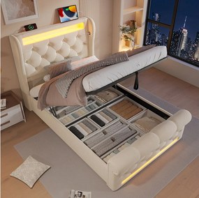 Łóżko z pojemnikiem 90x200 cm, beżowy aksamit, łóżko pojedyncze z oświetleniem LED i portem USB – materac nie jest wliczony w cenę