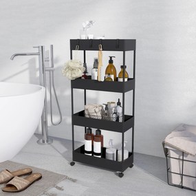 HOMCOM Wózek kuchenny z 4 półkami, 4 elastycznymi hakami, 4 kółkami, 40 cm x 19 cm x 90 cm, Wózek do niewielkich przestrzeni, Czarny