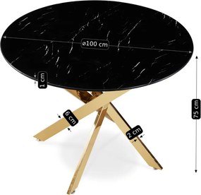 Stół Okrągły Szklany BALI 100 cm Czarny Marmur/Złoty Glamour