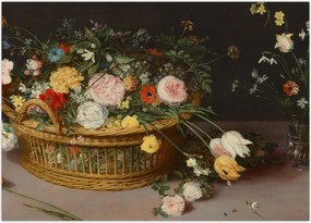 Obraz na szkle - Jan Brueghel the Elder, Flowers in a Basket and a Vase, reprodukcje (70x50 cm)