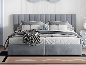 Łóżko z tapicerowanym zagłówkiem z lnu - 180x200cm - przekształcane w 2 pojedyncze łóżka - Szary