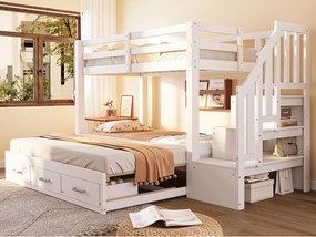 Łóżko piętrowe dziecięce 90 x 200 cm - z drabiną z pojemnikami - z 3 szufladami - z łóżkiem chowanym - biały (materac nie jest wliczony w cenę)
