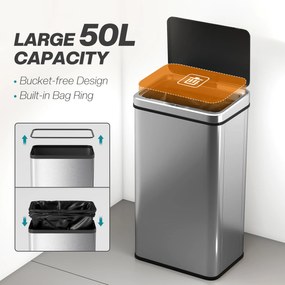 HOMCOM Kosz na śmieci z czujnikiem 50L Stal nierdzewna Automatyczny kosz z miękkim zamykaniem pokrywy Czujnik ruchu 35,5 x 26 x 67 cm Srebrny | Aosom PL