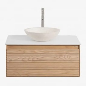 Zestaw Wiszących Mebli Łazienkowych Z Drewna Jesionowego Tedrik Popielaty Brąz & Cement Okrągły Biały - Sklum