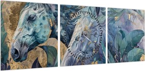 Obraz - Konie na złotym tle (z zegarem) (90x30 cm)