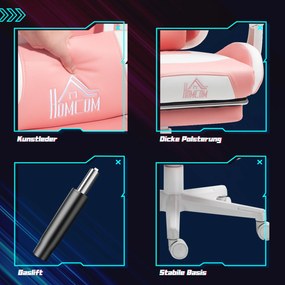 HOMCOM Fotel gamingowy z uszami kota, regulowane oparcie, wysuwany podnóżek, do 120 kg, Różowy/Biały