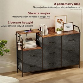 HOMCOM Komoda z 8 materiałowymi szufladami, stalowy stelaż, stacja ładowania, Rustykalny-Brąz+Czarny | Aosom PL
