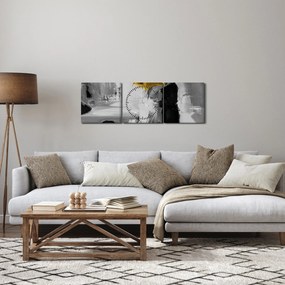 Obraz - Zakochana para pod parasolem, żółty (z zegarem) (90x30 cm)