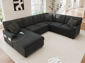 Nowoczesny narożnik w kształcie litery U - z 1 leżanką, 3 poduszkami, 1 portem USB i 1 portem Type-C - Chenille, welur prążkowany - Szary
