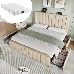 Łóżko dla dorosłych 160x200 cm - z zagłówkiem, USB/Typ-C, 4 szufladami, stelażem - beżowy len - materac w cenie