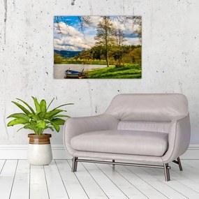 Obraz na szkle łodzi nad jeziorem (70x50 cm)