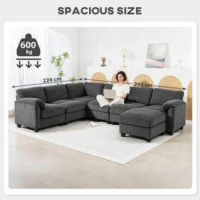 HOMCOM Narożna sofa w kształcie U, sofa z sprężynami kieszeniowymi, wyściełane podłokietniki, ruchomy szezlong, sztruks, 292x224x85 cm, ciemnoszary | Aosom PL
