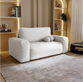 BESILIO Sofa rozkładana tapicerowana Ornello- okrągłe poduszki, sofa dwuosobowa, z funkcją spania, kanapa wolnostojąca, boucle - Biały