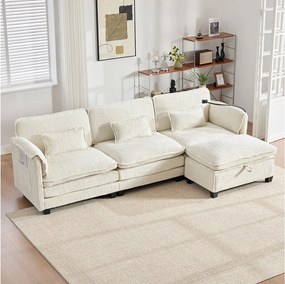 Sofa 3-osobowa z pufem - Narożnik z uchwytem na telefon i kieszeniami bocznymi - beżowy szenil