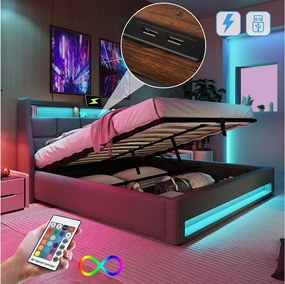 Łóżko z pojemnikiem 160 x 200 cm i zagłówkiem ze schowkiem - Port USB i diody LED - Tkanina lniana - Szary - Bez materaca