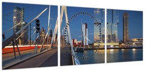 Obraz - Zmierzch w Rotterdamie, Holandia (z zegarem) (90x30 cm)