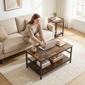 HOMCOM Zestaw stolików kawowych, 2-częściowy, stolik prostokątny i okrągły z 2-poziomowym miejscem do przechowywania, rustykalny brąz | Aosom PL