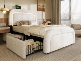 Łóżko proste tapicerowane w sherpa z 4 szufladami - 90x200cm - z LED i portami ładowania - Białe