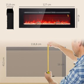 HOMCOM Kominek elektryczny z uchwytem ściennym i pilotem, sztuczne polana i kryształy, moc 1800W, czarny