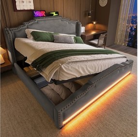 Łóżko tapicerowane podwójne ze schowkiem - 140 x 200 cm - z diodami LED + USB-C - aksamitne - szare