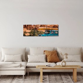 Obraz pojazdu terenowego w górach (z zegarem) (90x30 cm)
