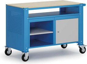 Mobilny stół warsztatowy G9, 2 półki, 1 szafka, 1180 x 595 x 865-1130 mm, szary/niebieski