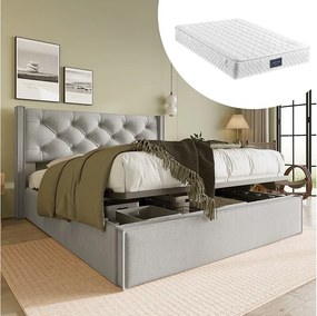 Łóżko z pojemnikiem 140x200 cm - Łóżko dla dorosłych z tapicerowanym zagłówkiem - beżowa bawełna - materac w zestawie