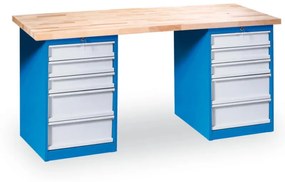 Stół warsztatowy GD z 2 kontenerkami na narzędzia, 10 szuflad, 1700 x 800 x 850 mm, niebieski