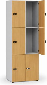 Drewniana szafka skrytkowa S4, 6 schowków, demontaż, zamek mechaniczny z kodem, szary/biały