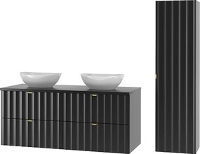 Czarny Zestaw Łazienkowy 120cm Szafka z Blatem Umywalka Słupek Ryflowane Fronty Arcos