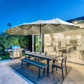 Outsunny Parasol z Oświetleniem LED Solar 4,5m, Podwójny Parasol Ogrodowy, Markiz, Tarasowy Okrągły Jasnoszary+Czarny