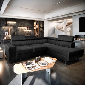 Masseno Narożnik NOLA z funkcją spania i pojemnikiem na pościel Narozniki L, Rozkładana sofa - Czarny, MONOLITH 95