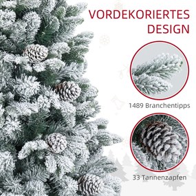 HOMCOM Sztuczna Choinka, z efektem śniegu i szyszkami, realistyczna, odporna na płomień, metalowa podstawa, 180 cm, Zielona | Aosom PL