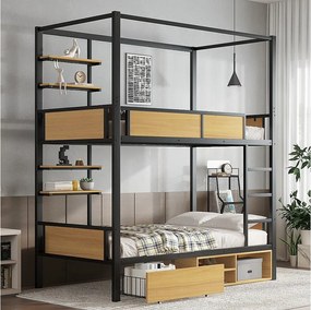 Łóżko piętrowe dla dzieci z żelaza - 2 x 90 x 200 cm - podwójna półka + 1 szuflada + schowek pod łóżkiem - metal - czarny + naturalny