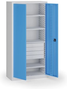 Szafa warsztatowa, 4 półki + 4 szuflady, 1950 × 950 × 500 mm, niebieskie drzwi