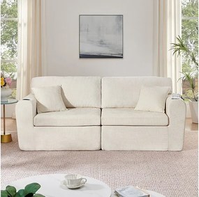 Modułowa 2-osobowa kanapa z tkaniny Chenille, z uchwytem na kubek i USB, 220x100x89cm, Beżowy