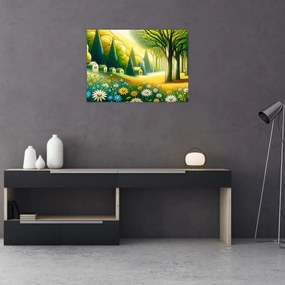 Obraz na szkle - Wieś w żółto-zielonym (70x50 cm)