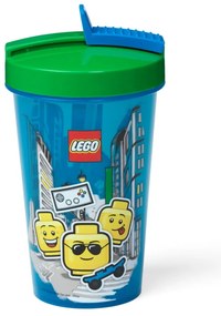 Niebieski kubek podróżny z zielonym wieczkiem i słomką LEGO® Iconic, 500 ml